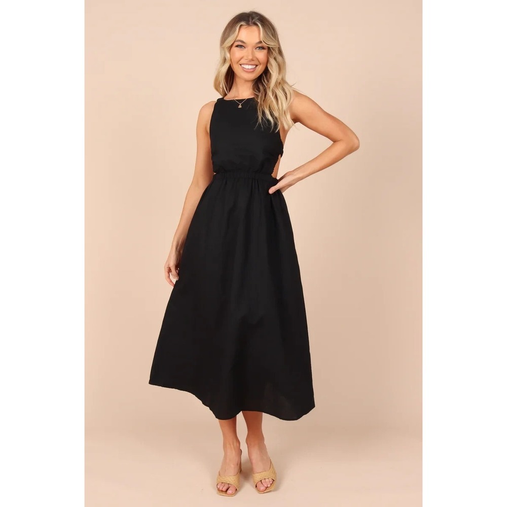 Petal + Pup Aubrey Cutout Midi Dress Womens M Black Open Back Elastic Waist NWT